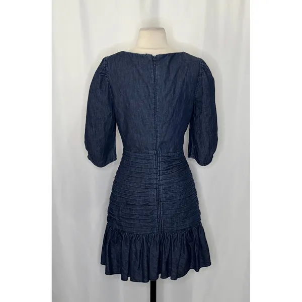 TANYA TAYLOR Pansy Dress Blue‎ Denim Pleated Mini Puffed Sleeves Flirty Size 6 - Image 8