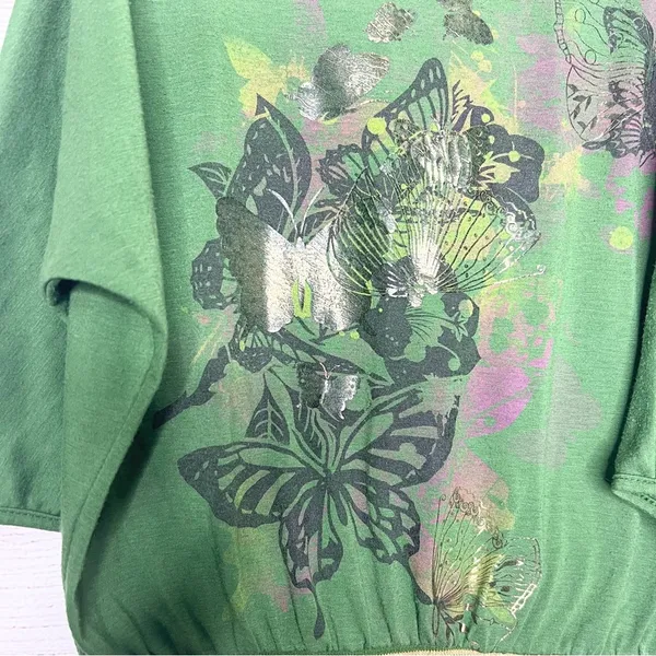Vintage Y2K Green Butterfly Print Gold Chain Cold Shoulder Top Size Small - Image 6