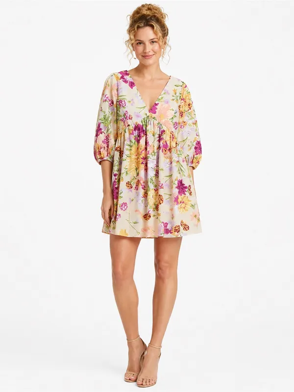 H&M XL Floral Babydoll Mini Dress Puff Sleeve V Neck Tie Back Cottagecore Pretty - Image 3