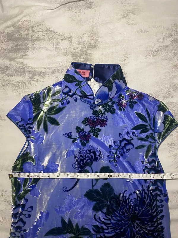 Blue Floral Cheongsam Midi Dress Size M - Image 7
