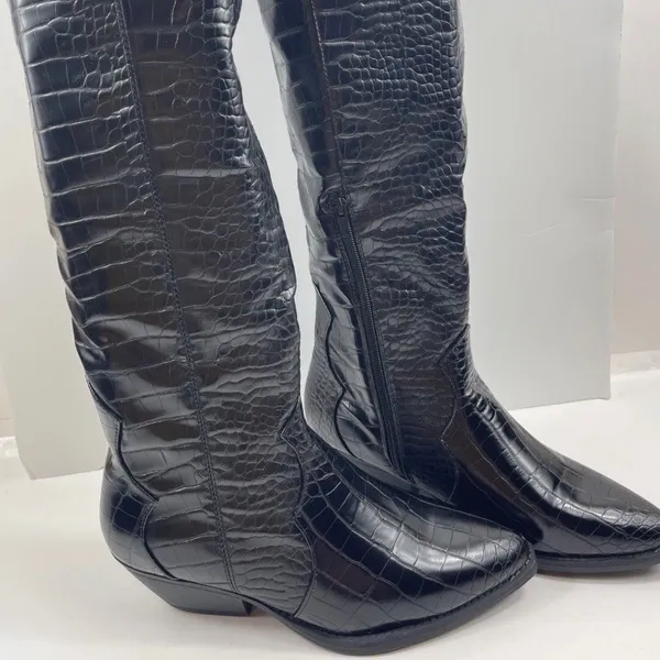 Black Croc Embossed‎ Tall Western Cowboy Boots Pointed Toe Block Heel Size 8 - Image 2