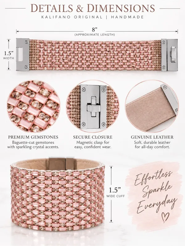 8” Wide Cuff Pink Gemstone Leather Bracelet - Image 7