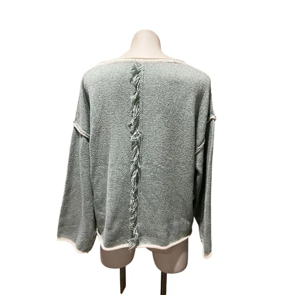 Womens Sweater Size M Sage Green Textured Knit Boat Neck Fringe Long - Image 4