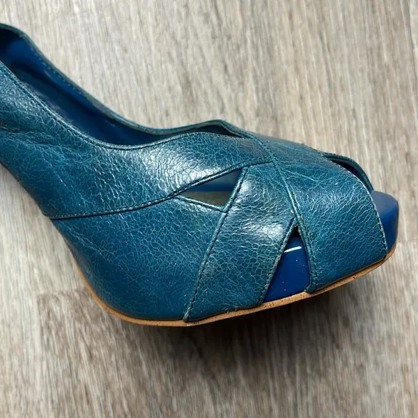 Steve Madden Leather Marlene Teal Peep Toe Heels - Image 6