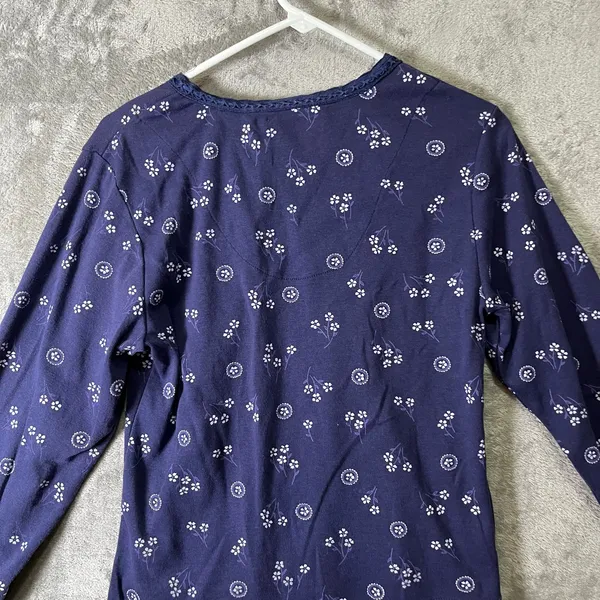 Vintage Navy Floral Peasant Blouse Tie Neck Long Sleeve Large‎ Blue Dainty Y2K - Image 3