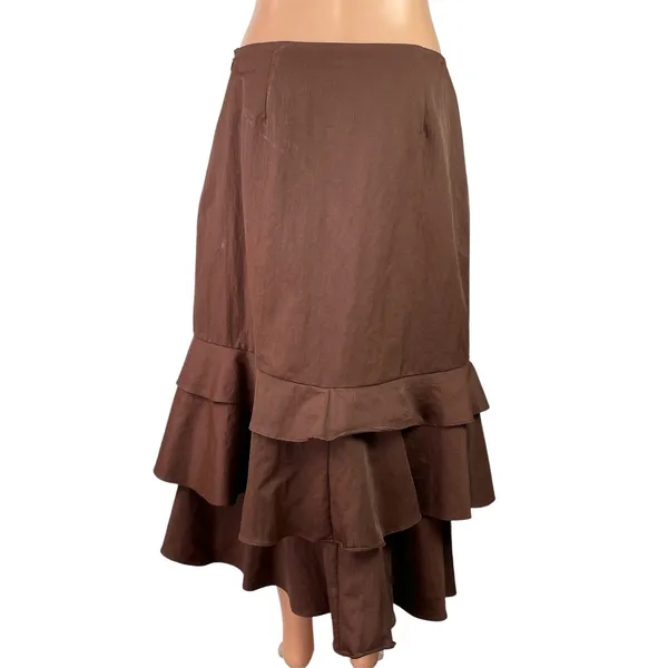 Samuel Dong Women's Brown Mid Waist Ruffle Asymmetric Tiered Midi Skirt Size M - Image 3