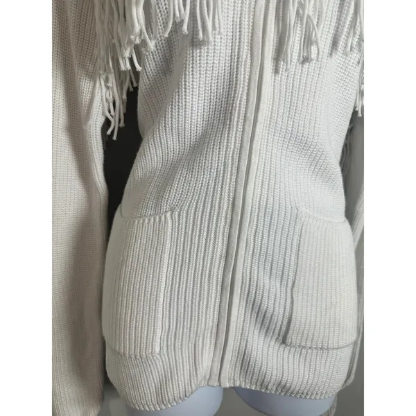 Minnie Rose White Cotton Shaker Mock Neck Zip Up Fringe‎ Jacket 8912 New - Image 5