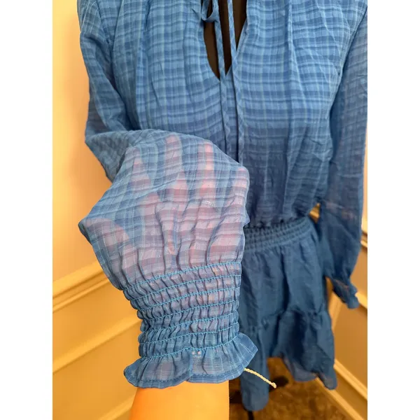 NSR Nordstrom Royal Blue Plaid Ruffle Mini Dress Smocked Waist Long Sleeve Boho - Image 2
