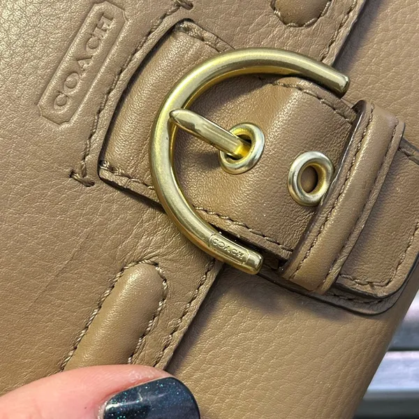 Coach Taupe Leather Flap Wallet Brass Turn Lock Long Bifold Neutral - Image 5