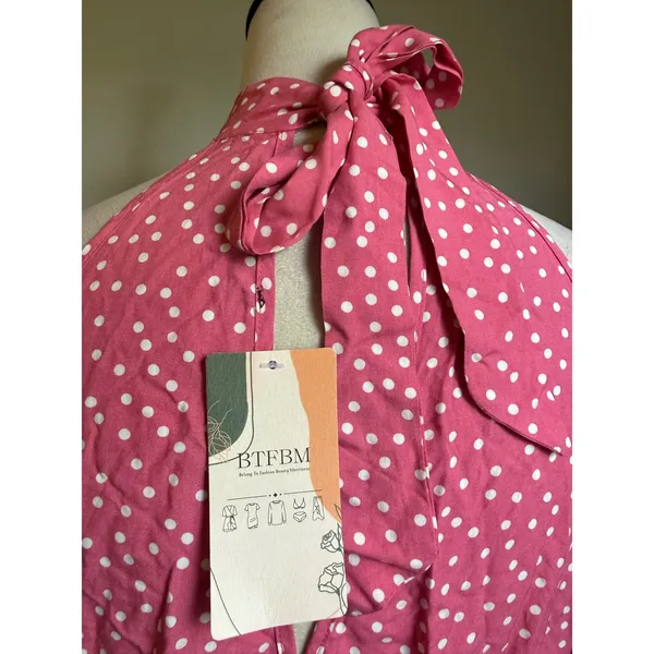 Y2K Pink Polka‎ Dot Halter Neck Ruffle Mini Dress Small NWT preppy dainty flowy - Image 4