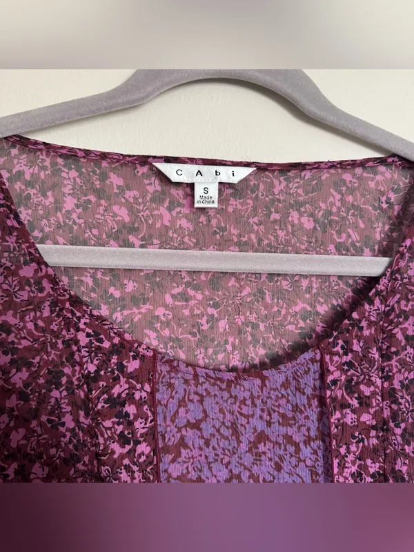 Cabi Silk Sonnet Blouse Purple Mangenta Long Sleeve Sheer Floral Boho Size S - Image 6