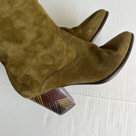 Frye Reed Sz 7M Olive Green Suede Side Zipper Tall Casual Dress Heeled Boots - Image 8