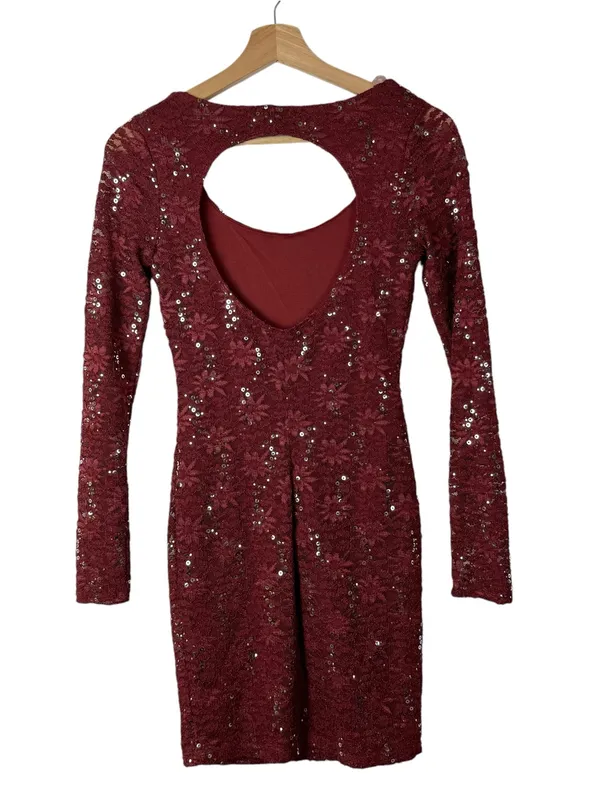 Midnight Doll Red Floral Sequin Long Sleeve Bodycon‎ Mini Dress S - Image 2