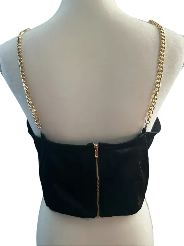 Love By Design Black Satin Corset Crop Top with Gold Chain Straps - Image 4