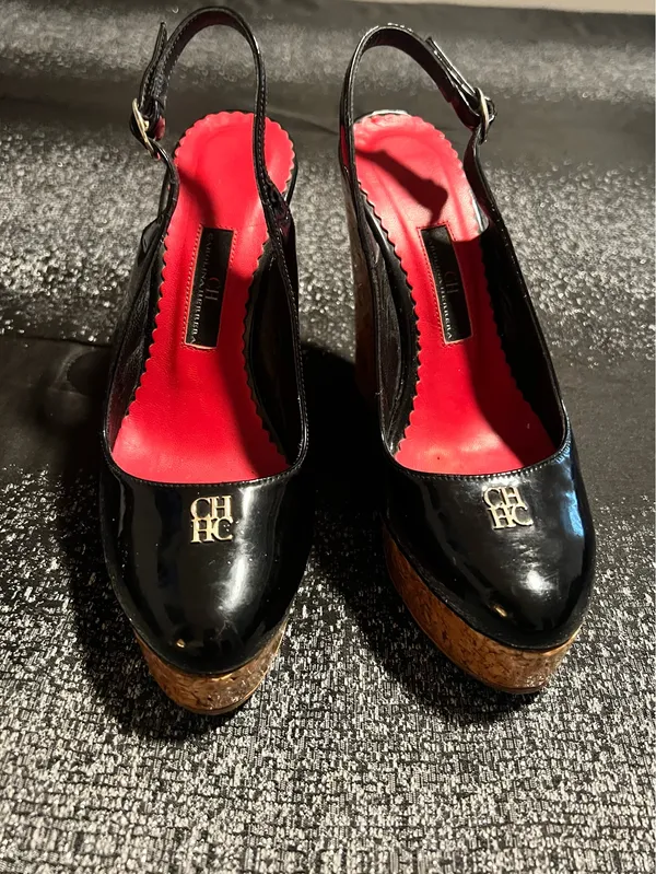 Womens 36 CH Carolina Herrera black slingback high cork platform wedge heel - Image 3