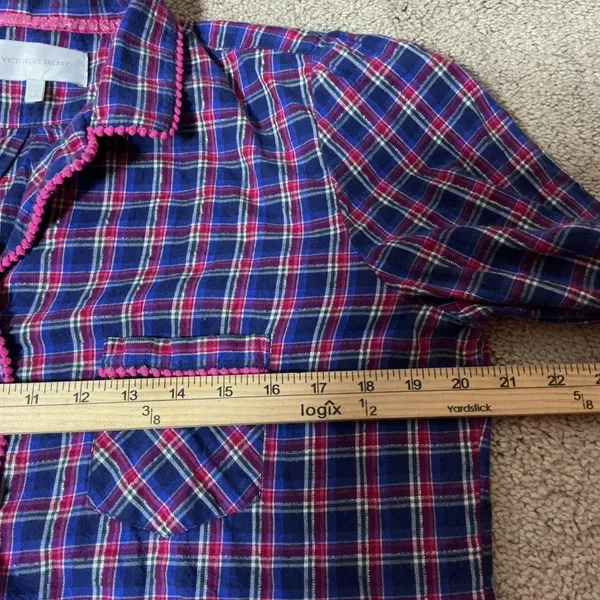 Victorias Secret Plaid Pajama Top Shirt‎ Pink Blue White Metallic L G - Image 3