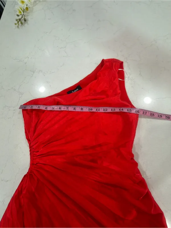 Aakaa One-Shoulder Red Pleated Midi Dress with Side Cutout Detail - Image 8
