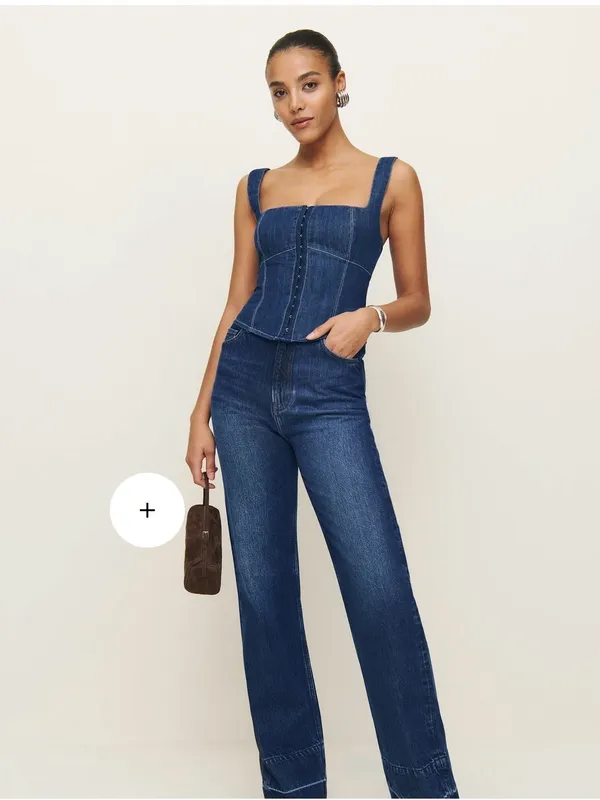 Reformation Tagliatelle Denim Square neck fitted Hook & Eye Top Cotton US 2 NWT - Image 9