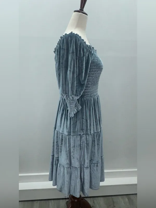 Baltic Born Slate Blue Velvet Smocked Tiered Puff Sleeve Midi Dress Size M - Image 6