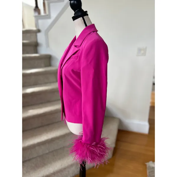 NWT NBD Elisha "Fuchsia" Hot Pink Feather Trim Rhinestone Button Blazer Glam - Image 3