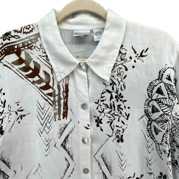 Chicos Shirt‎ Womens US L 2 White Black Floral Linen Shacket Art To Wear Blouse - Image 2