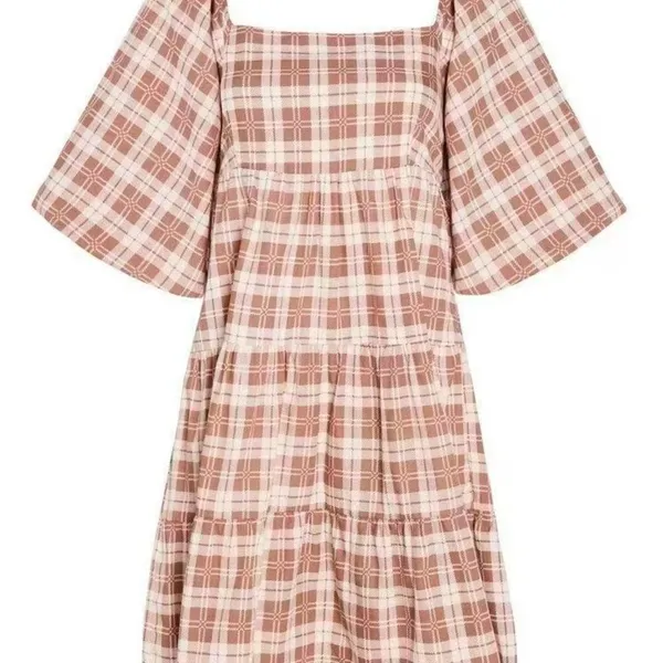 Faithfull the Brand Eryn Gingham Check Mini Dress Puff Sleeve Tie Back Brown L - Image 3