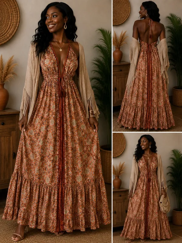 India Silk Tiered Halter Maxi dress - Image 2