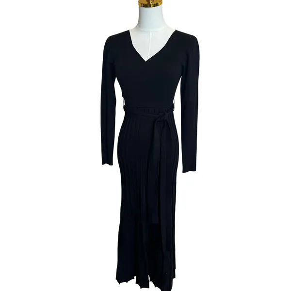 Area Stars Black Knit Midi Wrap Dress XS Pleated Fit Flare Career Designer $175 - Image 5