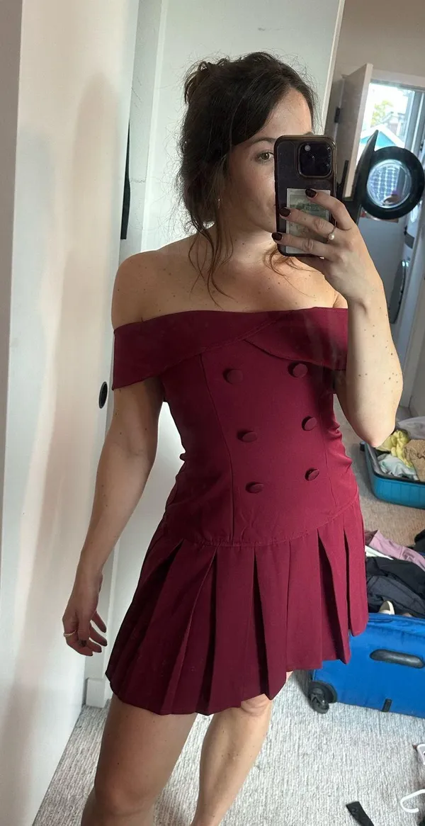 Boohoo Burgundy off the shoulder dress - Image 2