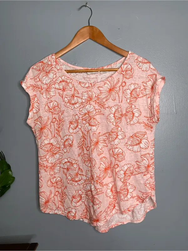 Cynthia Rowley Orange & White Linen Floral Scoop Neck Top Large - Image 2