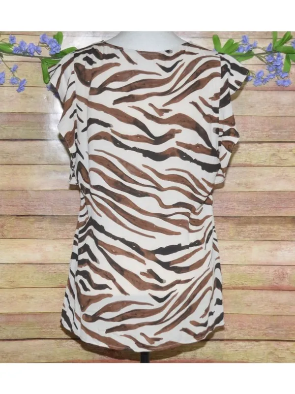 Cabi Ladies Brown Zebra Tiger Print V-Neck Cap Sleeve Blouse Top Size S Chiffon - Image 5