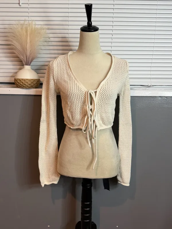 Cotton On Cream Open Knit Tie Front Cropped Cardigan Size S - Image 2