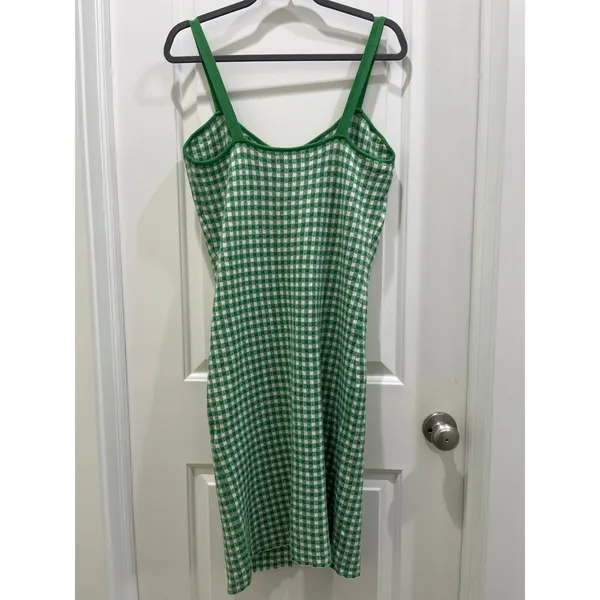 Anthropologie Maeve Gingham Green & White Knit Mini Mod Dress Sz M - Image 9