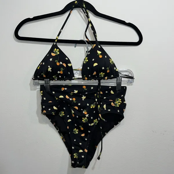 PINK bikini swimsuit size small orange lemon print high waist string top - Image 2