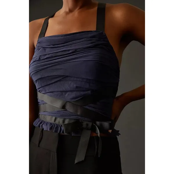 By Anthropologie Navy and Black Strappy Grunge Tank Top Tied Gathered Size XXS - Image 3
