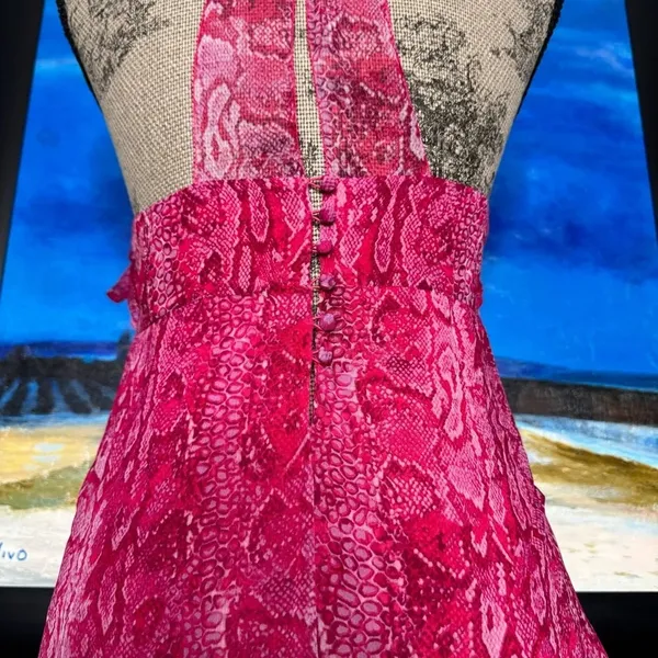 BCBGMaxAzria Ruffled Pink Snake Print Silk Halter Blouse Top Azaelea SMALL - Image 7