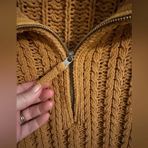 Aerie Cable Oversized Knit Stretch Sweater Quarter 1/4 Zip Soft Tan L - Image 7