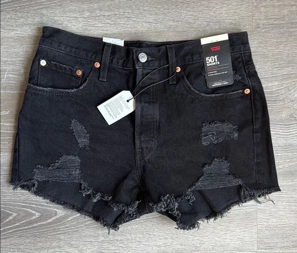 NEW Levi's 501 Black Ripped Denim Shorts 29 - Image 2