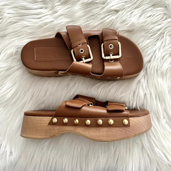 Zara Leather Double Buckle Wooden Platform Sandal Sz 7.5 - Image 5