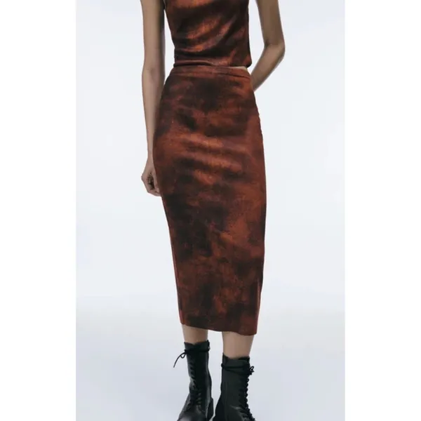 Zara Womens Rust Brown Acid Wash Knit Midi Skirt High Waist Small - Image 3