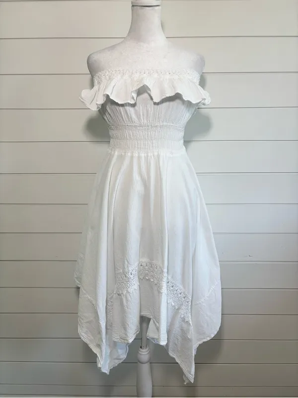 SEASPICE White Off-Shoulder Ruffle Sundress Peruvian‎ Cotton Handkerchief Hem M - Image 2