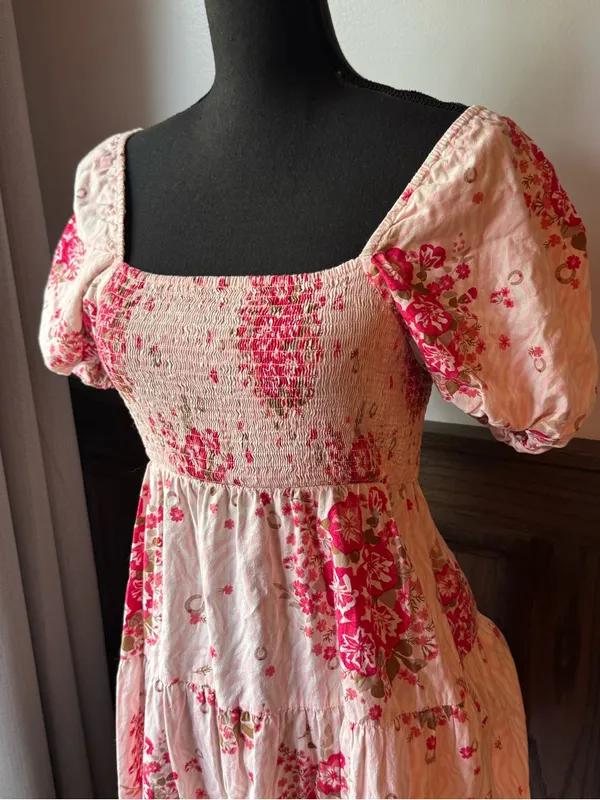 Ariat Pink Floral Smocked Midi Dress small flowers and horseshoes - Image 3