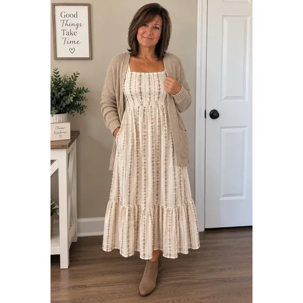Cream Floral Cotton Maxi Dress Lace Tie Cottagecore Tiered Ruffle M - Image 5
