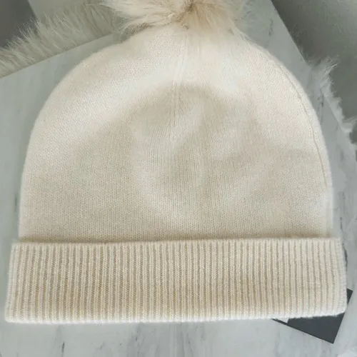 Nordstrom Faux Fur Cashmere Pompom Beanie, 100%Cashmere, Ivory Cream, NWT - Image 7