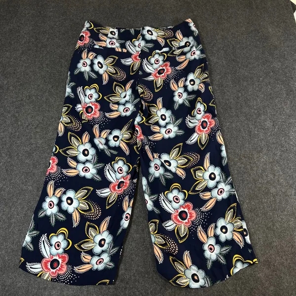 LOFT Floral Wide Leg Crop Pants Navy Blue Pink Yellow Rayon Size 10 NWT - Image 2