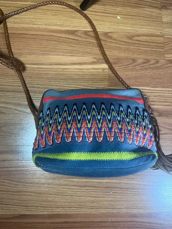 Tory Burch Gray Canvas Crossbody with Multicolor Zigzag Embroidery - Image 11