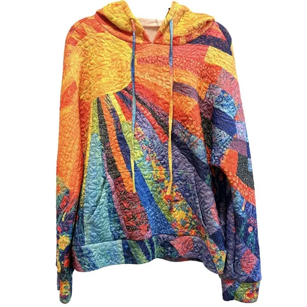 Women’s Sunshine Multicolor Quilted Patchwork Pullover Hoodie Boho Sun Ray XL - Image 3