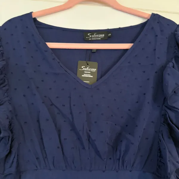 Solersun Womens Navy Blue Swiss Dot‎ Ruffle Sleeve V-Neck Mini Dress Large NWT - Image 2
