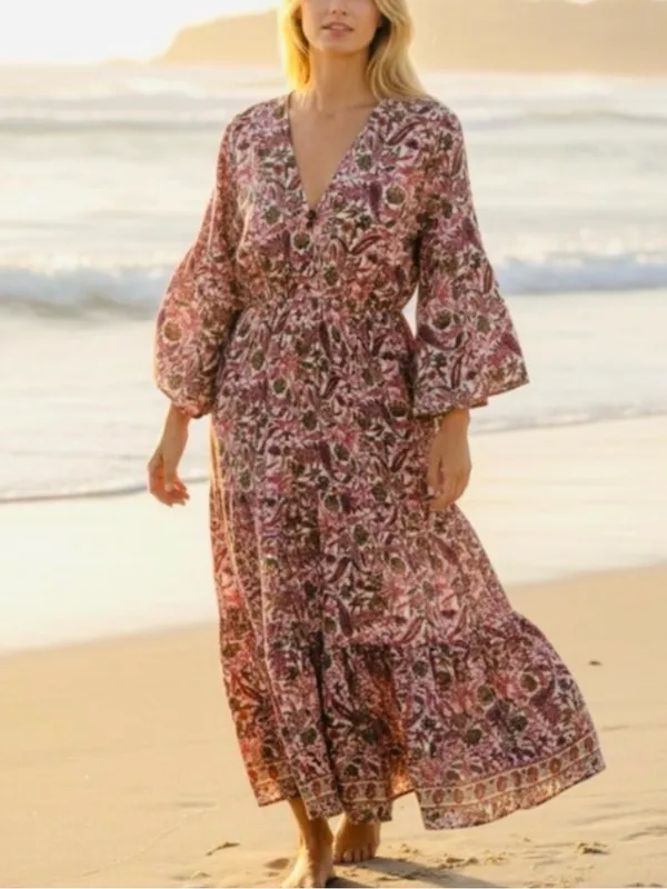 Anthropologie Boemo Boho Floral Paisley Print Bell Sleeve Tiered Maxi Dress S - Image 2