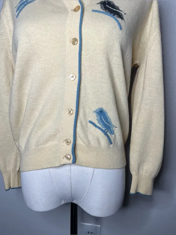 60s Vintage Wool Angora Butter Yellow Blue Bird Knit Cardigan Cottagecore Twee - Image 4